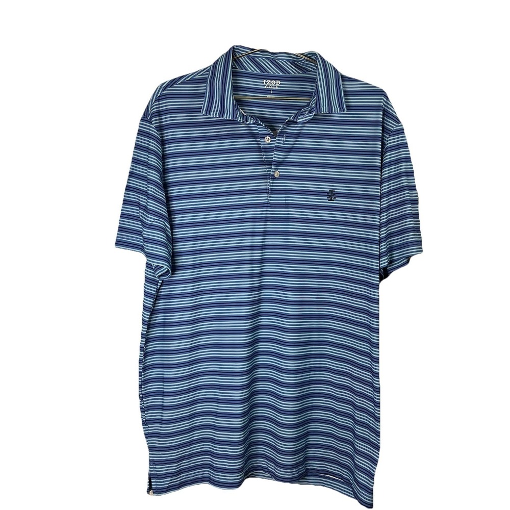 IZOD Golf Men's L Blue Green Striped Stretch Polo Shirt  Short Sleeve preppy